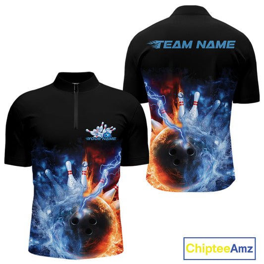 Custom Water And Fire Bowling Team Quarter-Zip Shirts For Men, Thunder Lightning Bowling Uniform IPHW9449