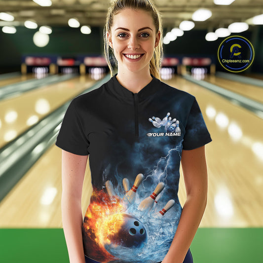 Custom Water And Fire Bowling Team Women Quarter-Zip Shirt, Lightning Bowling Uniform IPHW9450