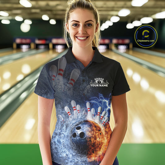 Custom Lightning, Fire And Water Splash Energy Burst Bowling Team Polo Shirts For Women IPHW9451