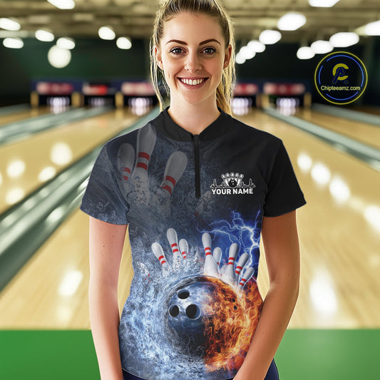 Custom Lightning, Fire And Water Splash Energy Burst Bowling Team Women Quarter-Zip Shirt IPHW9451