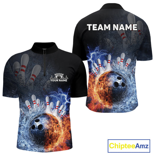 Custom Lightning, Fire And Water Splash Energy Burst Bowling Team Quarter-Zip Shirts For Men IPHW9451