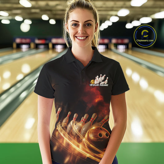 Custom Golden Glowing Effect Light Trails Bowling Team Women Polo Shirts, Bowling Jersey IPHW9452