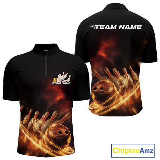 Custom Golden Glowing Effect Light Trails Bowling Team Quarter-Zip Shirts For Men, Bowling Jersey IPHW9452