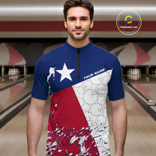 Custom Texas Flag Bowling Team Men Quarter-Zip Shirts, Texas Bowling League Shirt Team Uniform IPHW9632