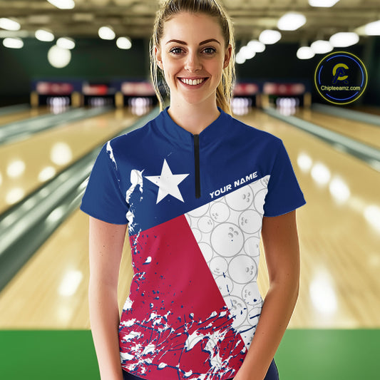Custom Texas Flag Bowling Women Quarter-Zip Shirts, Bowling League Shirt Team Uniform IPHW9632