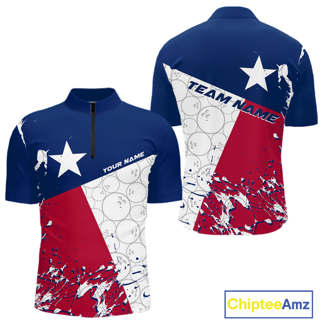 Custom Texas Flag Bowling Team Men Quarter-Zip Shirts, Texas Bowling League Shirt Team Uniform IPHW9632
