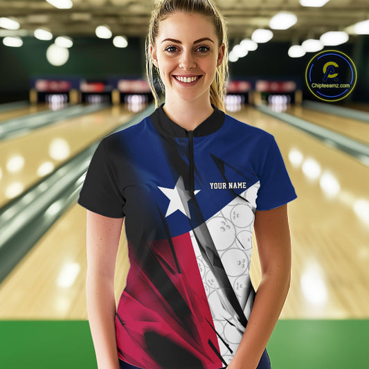 Custom Texas Flag Bowling Women Quarter-Zip Shirts, Bowling League Shirt Team Uniform IPHW9634
