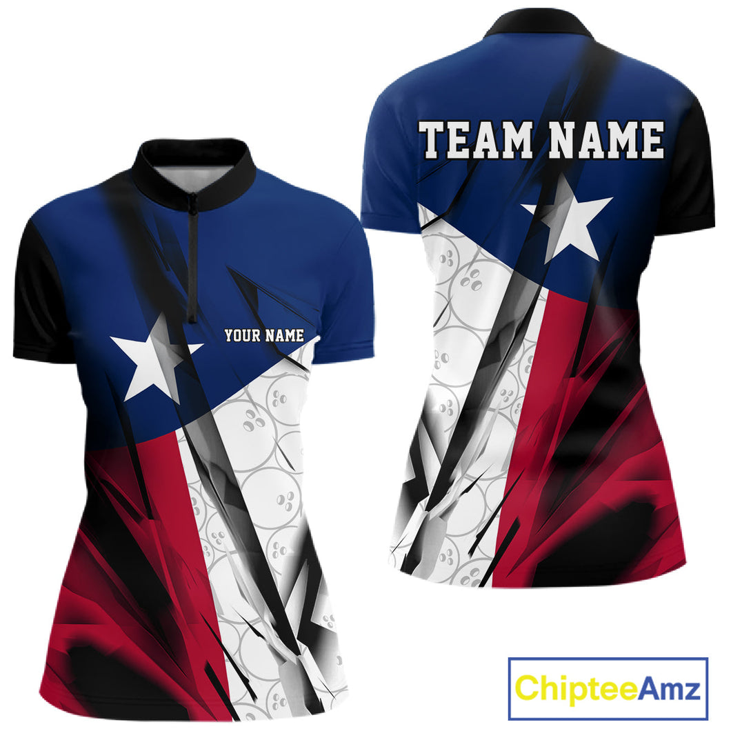 Custom Texas Flag Bowling Women Quarter-Zip Shirts, Bowling League Shirt Team Uniform IPHW9634