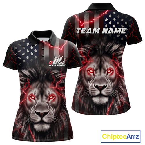 Custom Red Thunder Lightning Patriotic Lion Women Polo Shirts, US Flag Bowling Jerseys IPHW9322