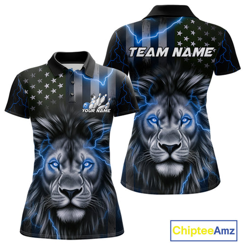 Custom Blue Thunder Lightning Patriotic Lion Women Polo Shirts, US Flag Bowling Jerseys IPHW9323