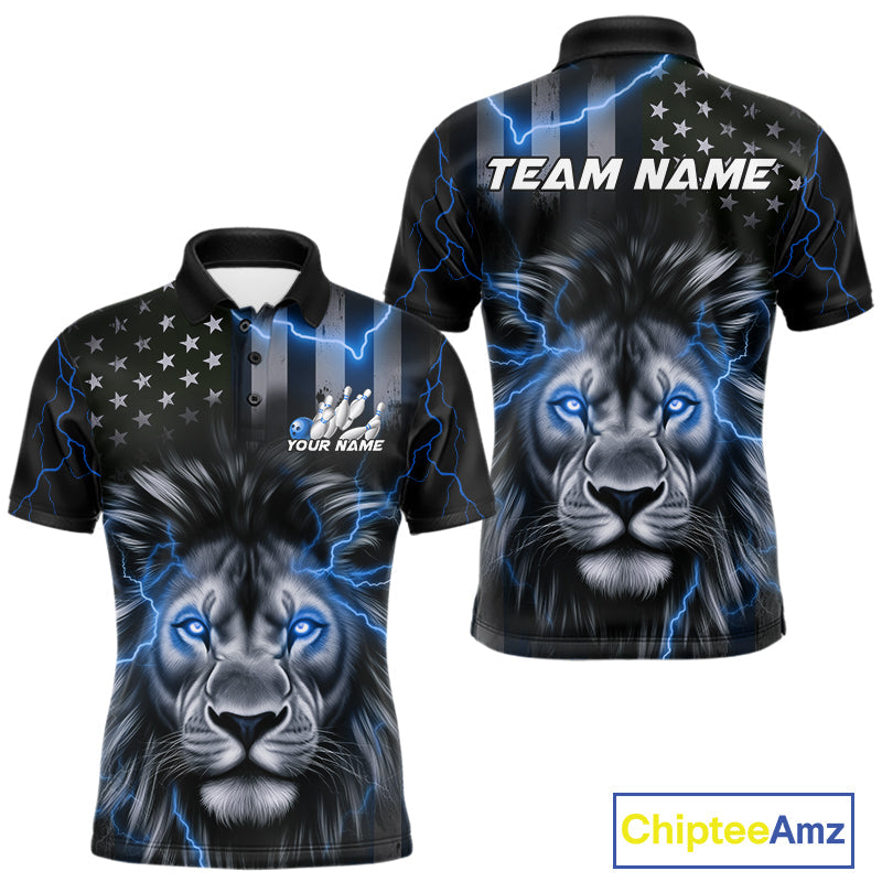 Custom Blue Thunder Lightning Patriotic Lion Polo Shirts For Men, US Flag Bowling Jerseys IPHW9323