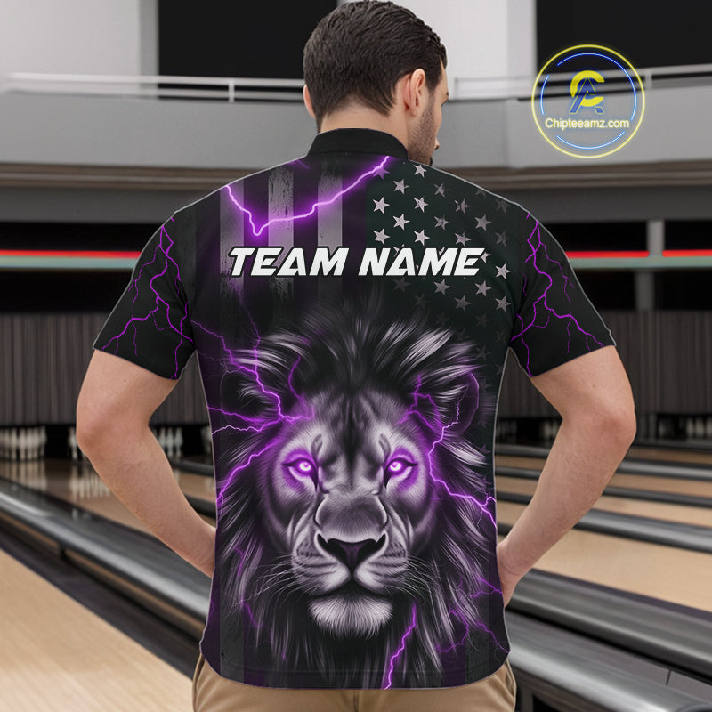 Custom Purple Thunder Lightning Patriotic Lion Quarter-Zip Shirt For Men, US Flag Bowling Jerseys IPHW9324