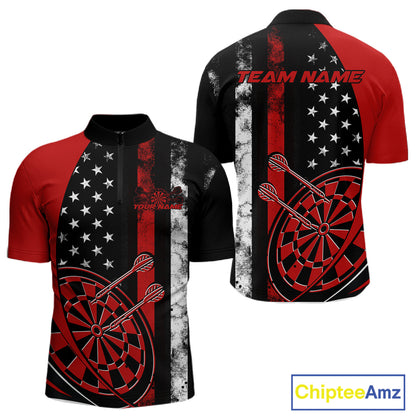 Custom Red Thin Line US Flag Patriotic Dartboard Dart Men Quarter-Zip Team Shirts, Dart Jerseys IPHW9644