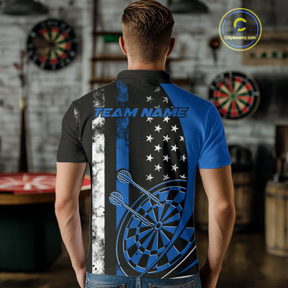 Custom Blue Thin Line US Flag Patriotic Dartboard Dart Men Polo Team Shirts, Dart Jerseys IPHW9645
