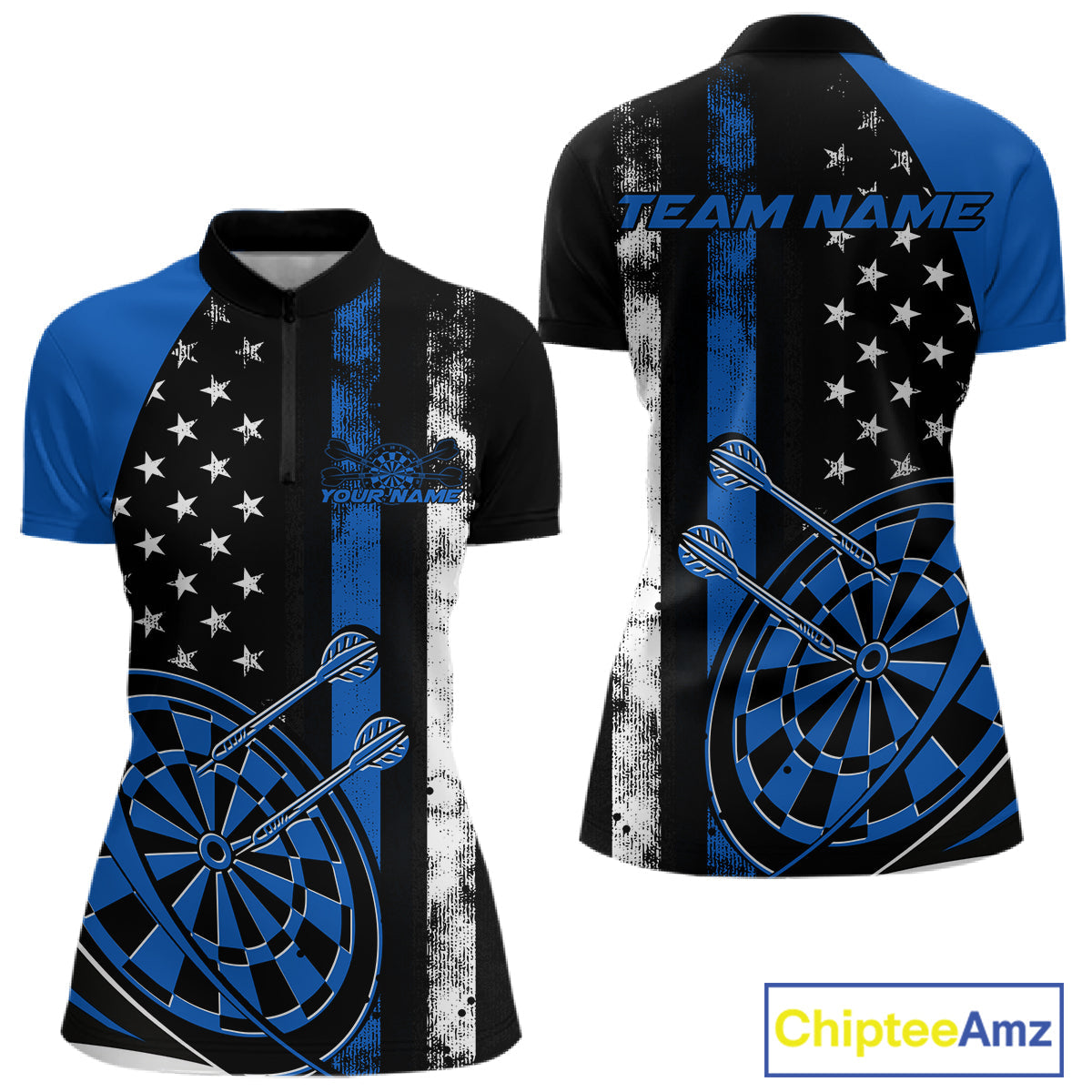 Custom Blue Thin Line US Flag Patriotic Dartboard Dart Women Quarter-Zip Team Shirts IPHW9645