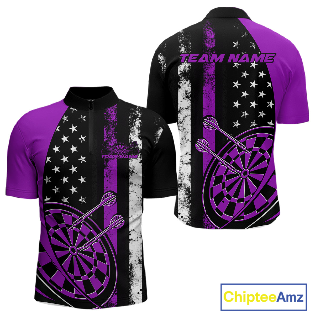 Custom Purple Thin Line US Flag Patriotic Dartboard Dart Men Quarter-Zip Team Shirts, Dart Jersey IPHW9647