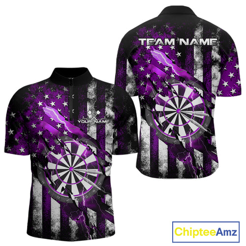 Custom Purple Thunder Lightning Patriotic Dart Men Quarter-Zip Shirts, Vintage Dart Jerseys IPHW9653