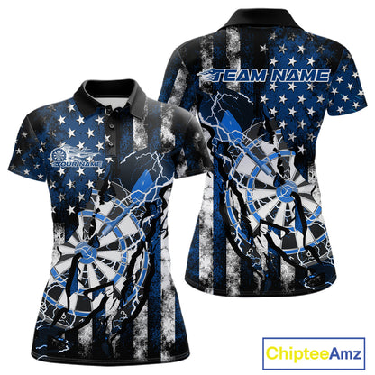 Custom Blue Thunder Lightning Patriotic Dart Team Polo Shirts For Women, Dart Jerseys IPHW9657
