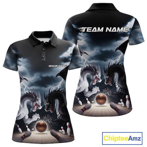Custom Black And White Dragons Lightning Bowling Women Polo Shirts, Bowling League Shirt IPHW9820