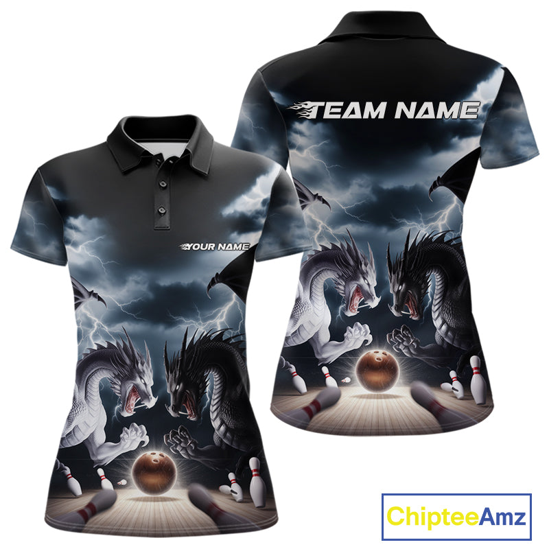 Custom Black And White Dragons Lightning Bowling Women Polo Shirts, Bowling League Shirt IPHW9820