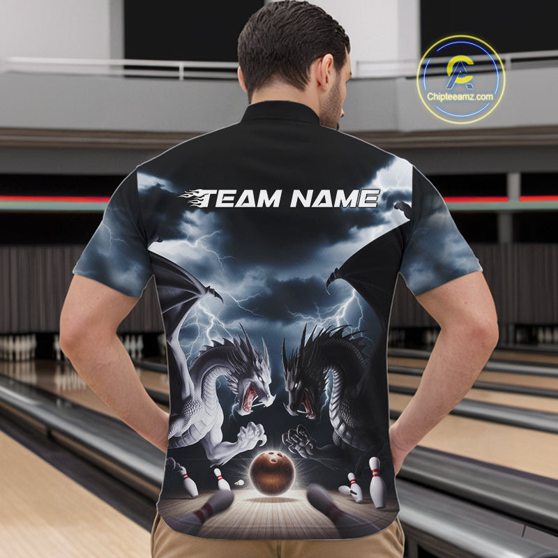 Custom Black And White Dragons Lightning Bowling Quarter-Zip Shirts For Men, Bowling League Shirt IPHW9820