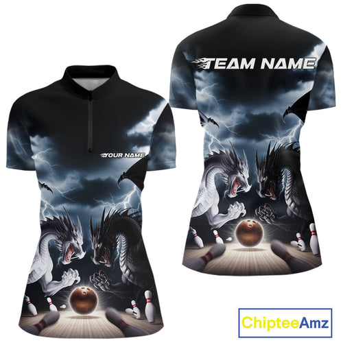 Custom Black And White Dragons Lightning Bowling Women Quarter-Zip Shirts IPHW9820