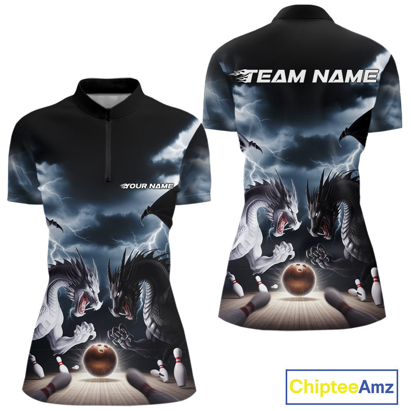 Custom Black And White Dragons Lightning Bowling Women Quarter-Zip Shirts IPHW9820