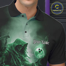 Load image into Gallery viewer, Custom Green Flame Grim Reaper Bowling Men Polo Shirts, Halloween Bowling Team Outfit IPHW9469