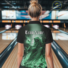 Load image into Gallery viewer, Custom Green Flame Grim Reaper Bowling Women Polo Shirts, Halloween Bowling Team Outfit IPHW9469