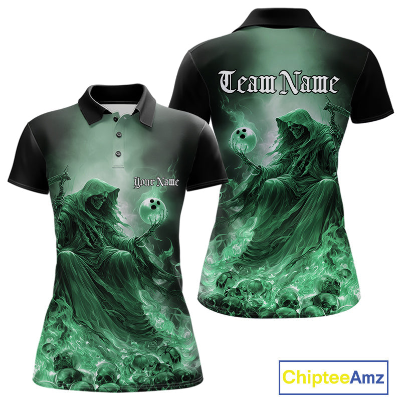 Custom Green Flame Grim Reaper Bowling Women Polo Shirts, Halloween Bowling Team Outfit IPHW9469