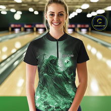 Load image into Gallery viewer, Custom Green Flame Grim Reaper Bowling Women Quarter-Zip Shirt, Halloween Bowling Outfit IPHW9469