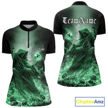 Load image into Gallery viewer, Custom Green Flame Grim Reaper Bowling Women Quarter-Zip Shirt, Halloween Bowling Outfit IPHW9469