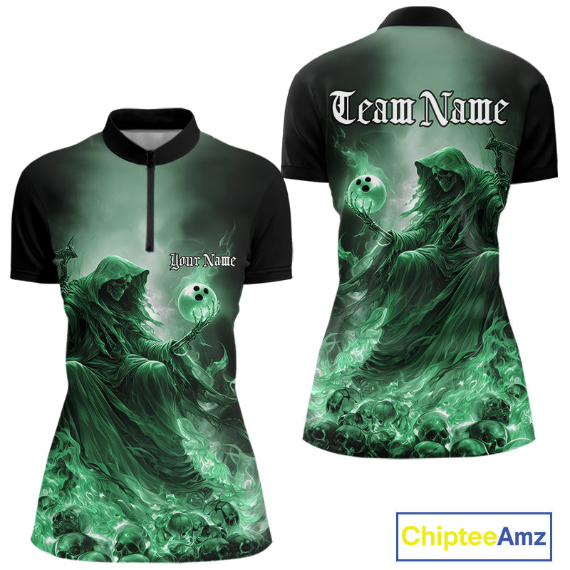 Custom Green Flame Grim Reaper Bowling Women Quarter-Zip Shirt, Halloween Bowling Outfit IPHW9469