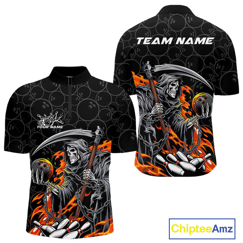 Custom Chaotic Flame Grim Reaper Bowling Quarter-Zip Shirts For Men, Halloween Bowling Team Shirt IPHW9473
