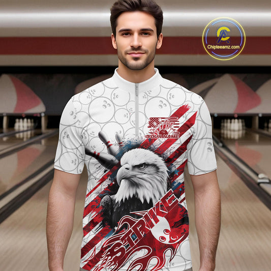 Custom Patriotic Eagle Bowling Shirts For Men, US Flag Bowling League Team Shirt IPHW9475