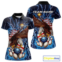 Load image into Gallery viewer, Custom Blue Lightning US Flag Eagle Bowling Team Polo Shirts For Women, Patriotic Bowling IPHW9477