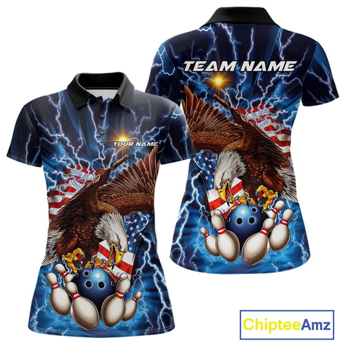 Custom Blue Lightning US Flag Eagle Bowling Team Polo Shirts For Women, Patriotic Bowling IPHW9477