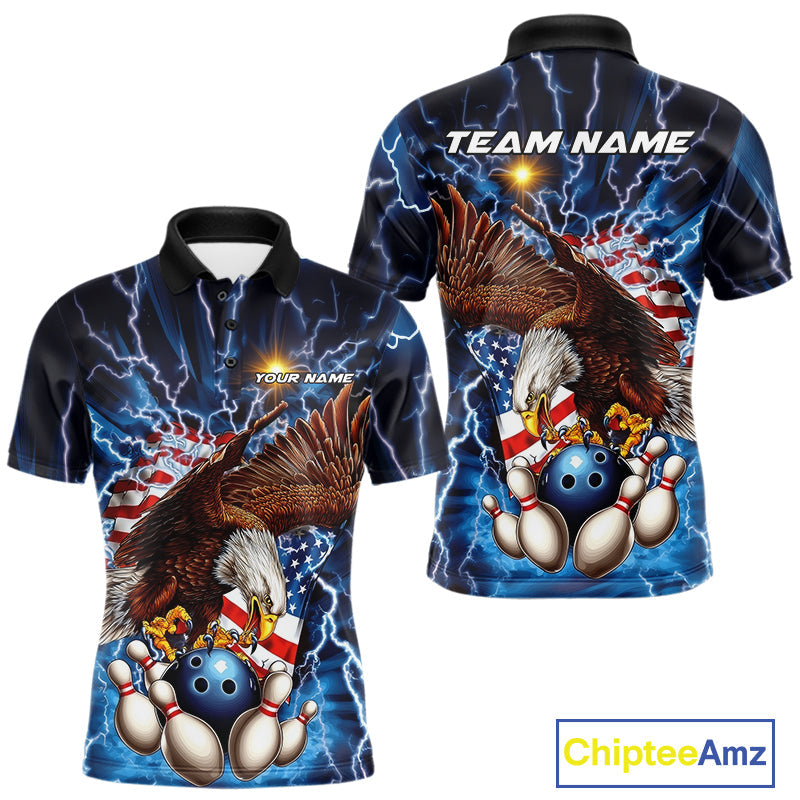 Custom Blue Lightning US Flag Eagle Bowling Team Polo Shirts For Men, Patriotic Bowling IPHW9477