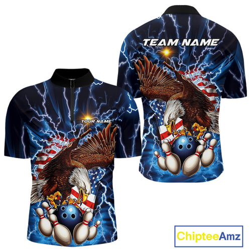 Custom Blue Lightning US Flag Eagle Bowling Team Quarter-Zip Shirts For Men, Patriotic Bowling IPHW9477