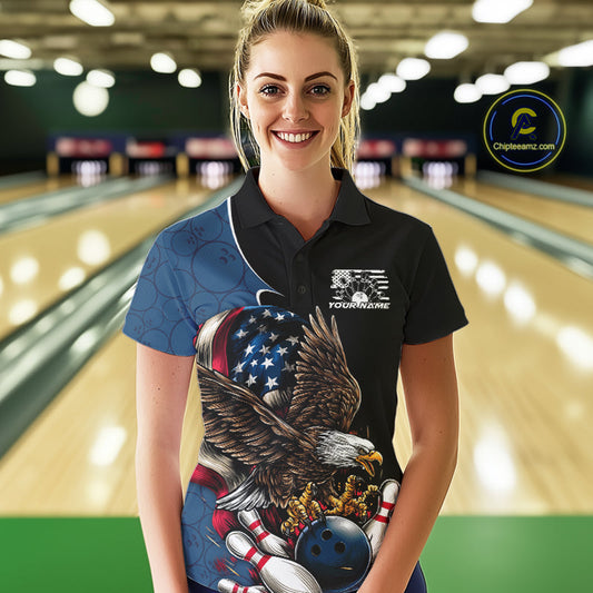 Custom American Flag Eagle Bowling Women Polo Shirts, Patriotic US Bowling League Shirt IPHW9478