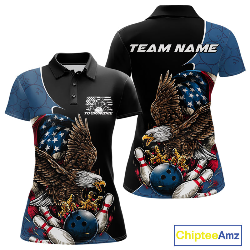 Custom American Flag Eagle Bowling Women Polo Shirts, Patriotic US Bowling League Shirt IPHW9478