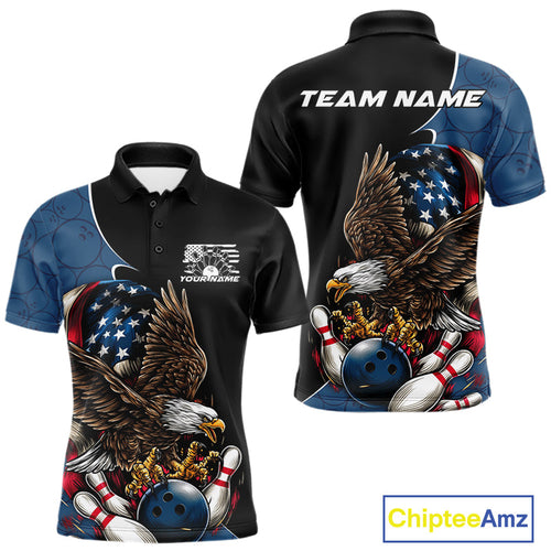 Custom American Flag Eagle Bowling Team Men Polo Shirts, Patriotic US Bowling League Shirt IPHW9478