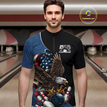 Custom American Flag Eagle Bowling Team Men Quarter-Zip Shirts, Patriotic US Bowling League Shirt IPHW9478