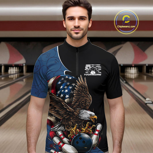 Custom American Flag Eagle Bowling Team Men Quarter-Zip Shirts, Patriotic US Bowling League Shirt IPHW9478