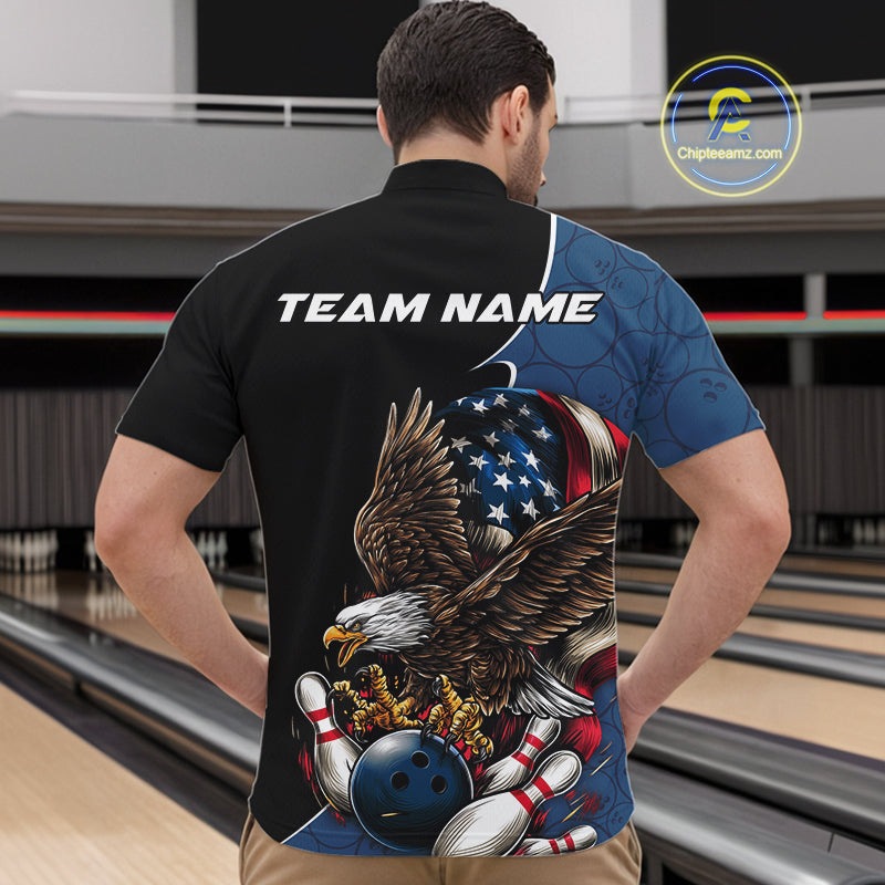Custom American Flag Eagle Bowling Team Men Quarter-Zip Shirts, Patriotic US Bowling League Shirt IPHW9478
