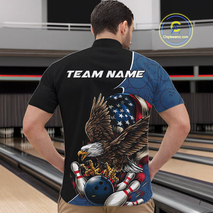 Custom American Flag Eagle Bowling Team Men Quarter-Zip Shirts, Patriotic US Bowling League Shirt IPHW9478