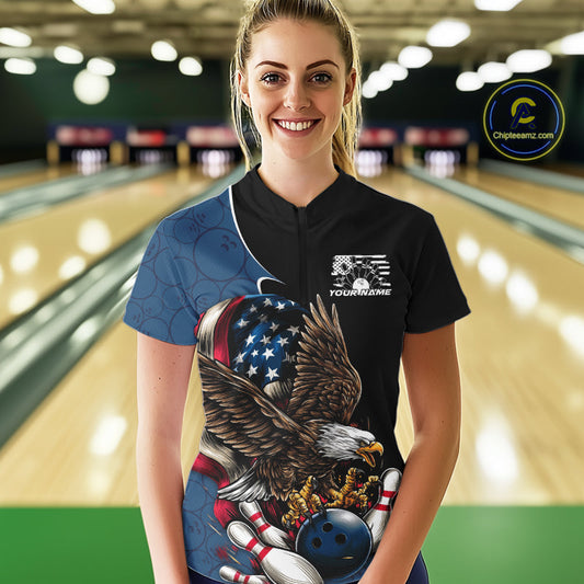 Custom American Eagle Bowling Women Quarter-Zip Shirt, Patriotic Bowling League Shirt IPHW9478