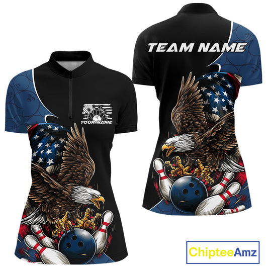 Custom American Eagle Bowling Women Quarter-Zip Shirt, Patriotic Bowling League Shirt IPHW9478
