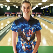 Load image into Gallery viewer, Custom Blue Lightning US Flag Eagle Bowling Team Polo Shirts For Women, Patriotic Bowling IPHW9479