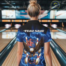 Load image into Gallery viewer, Custom Blue Lightning US Flag Eagle Bowling Team Polo Shirts For Women, Patriotic Bowling IPHW9479